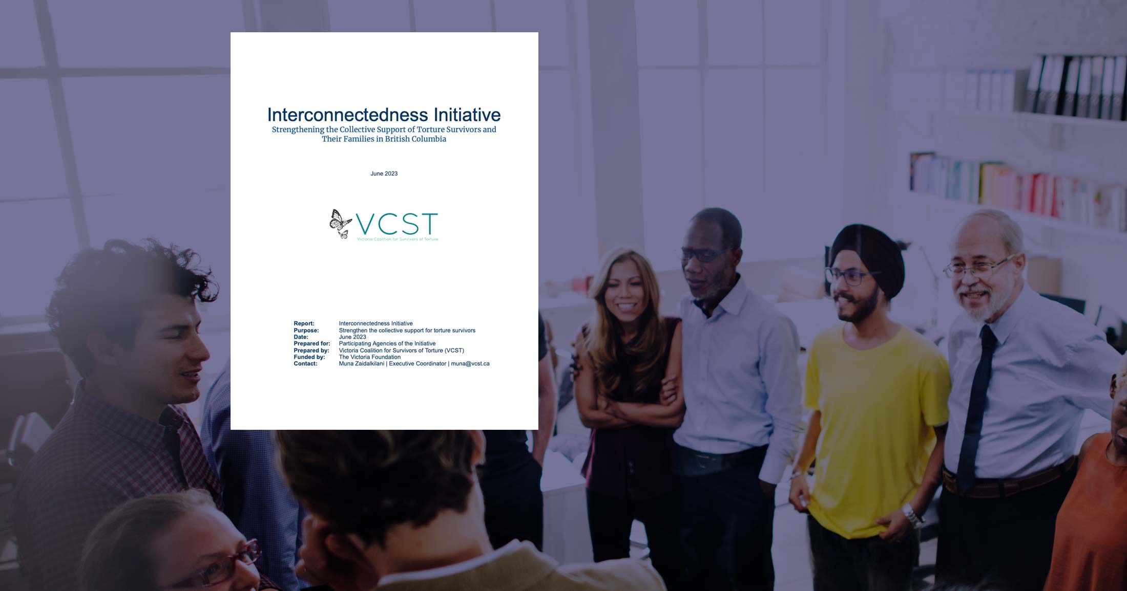 Report cover of the Interconnectedness Initiative floats over top of a group of people in a room.
