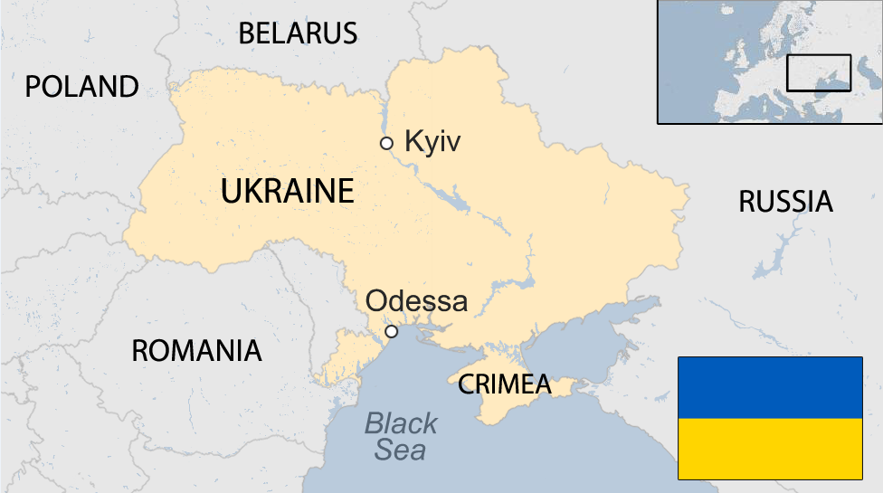 Map of Ukraine, with Poland to the West, Romania to the southwest, Belaru to the North and Russa to the South.