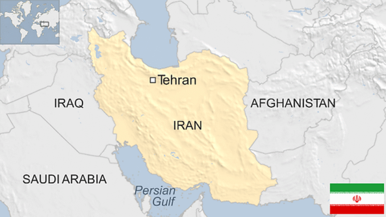 A map of Iran, seen between Iraq and Saudi Arabia to the west, and Afganistan to the East.