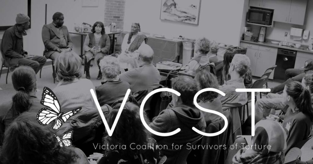 The Victoria Coalition for Survivors of Torture logo floats over time a darkened photo of a gathering.
